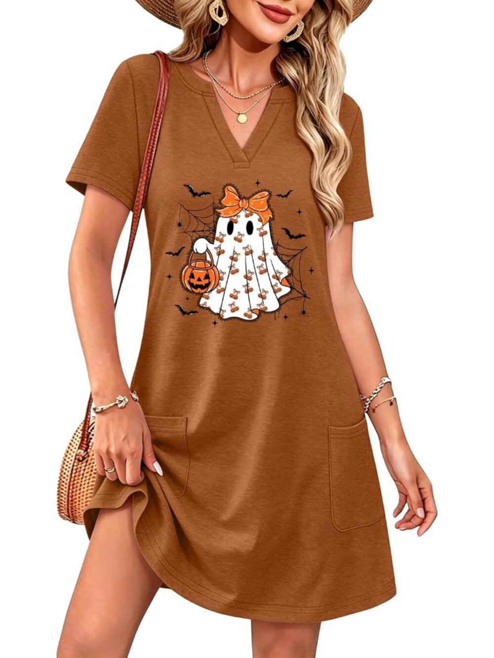 🆕Women's Halloween Ghost Pumpkin V-Neck Short Sleeve Brown Dress Pockets